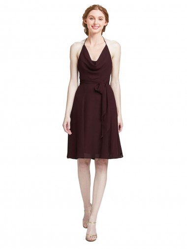 Short Knee Length Chiffon Cocktail Dress with Halter Cowl Neck
