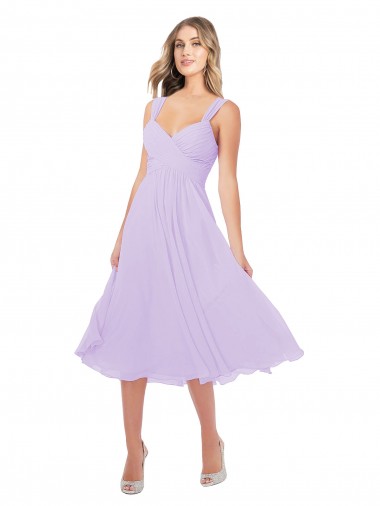 Draped Midi Length Chiffon Cocktail Dress with Ruched Bodice