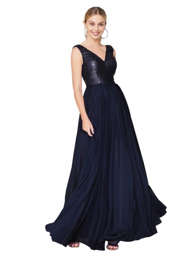 High Neck V-Neck Long Chiffon Cocktail Dress with Sequin Top