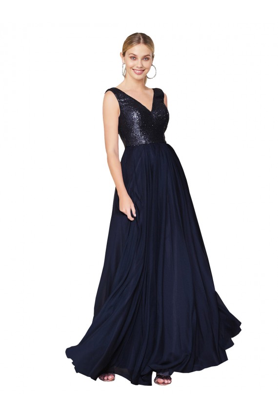 High Neck V-Neck Long Chiffon Cocktail Dress with Sequin Top