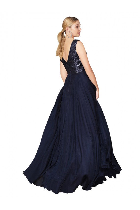 High Neck V-Neck Long Chiffon Cocktail Dress with Sequin Top