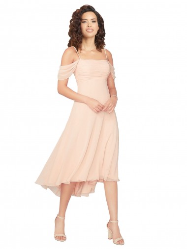 Cold Shoulder Midi Length Short Chiffon Cocktail Dress