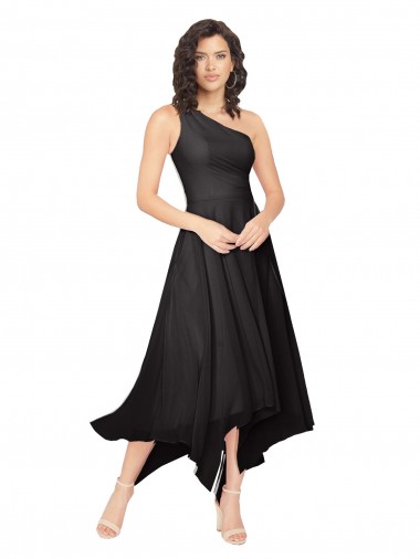Midi Length One Shoulder Chiffon Cocktail Dress