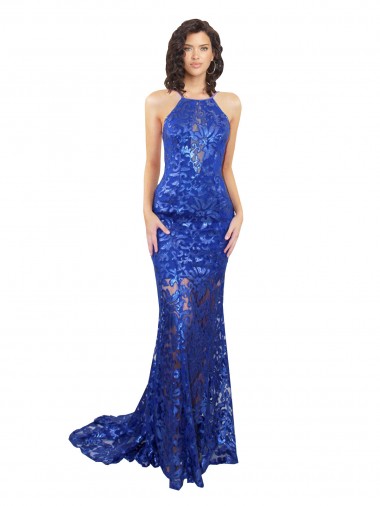 High Neck Long Open Back Lace Cocktail Dress with Train