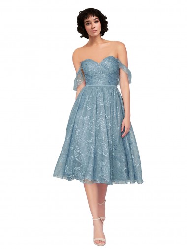 Off the Shoulder Sweetheart Chantilly Lace Midi Length Cocktail Dress