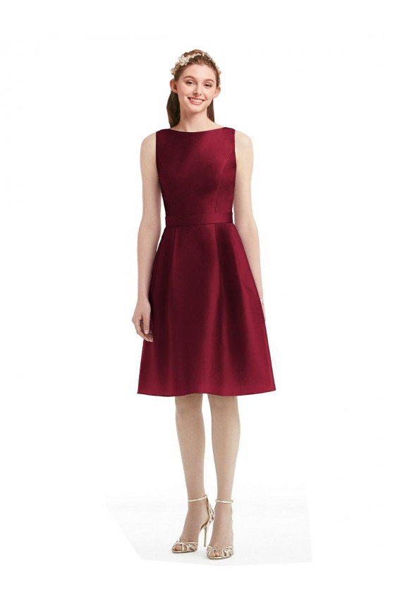 Short Midi Length Satin Cocktail Dress with Bateau Neckline and V-Back