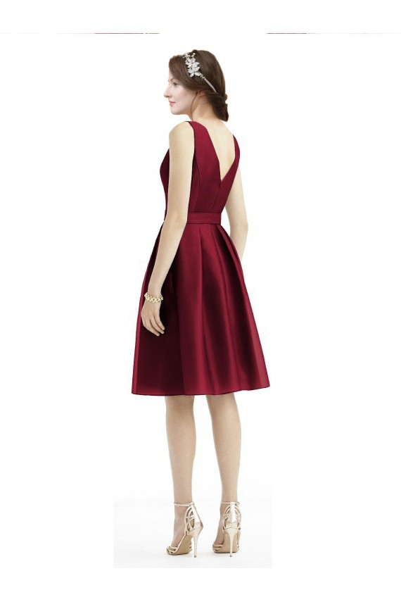 Short Midi Length Satin Cocktail Dress with Bateau Neckline and V-Back