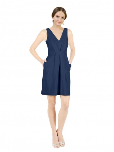 Deep V-Neck Short Knee Length Satin Cocktail Dress with Slimming Pleats