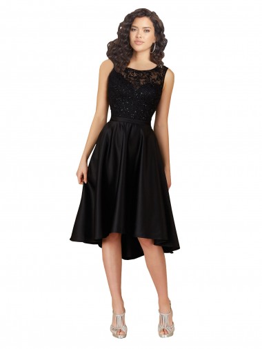 Short High Low Satin Cocktail Dress with a Beaded and Embroidered Bodice