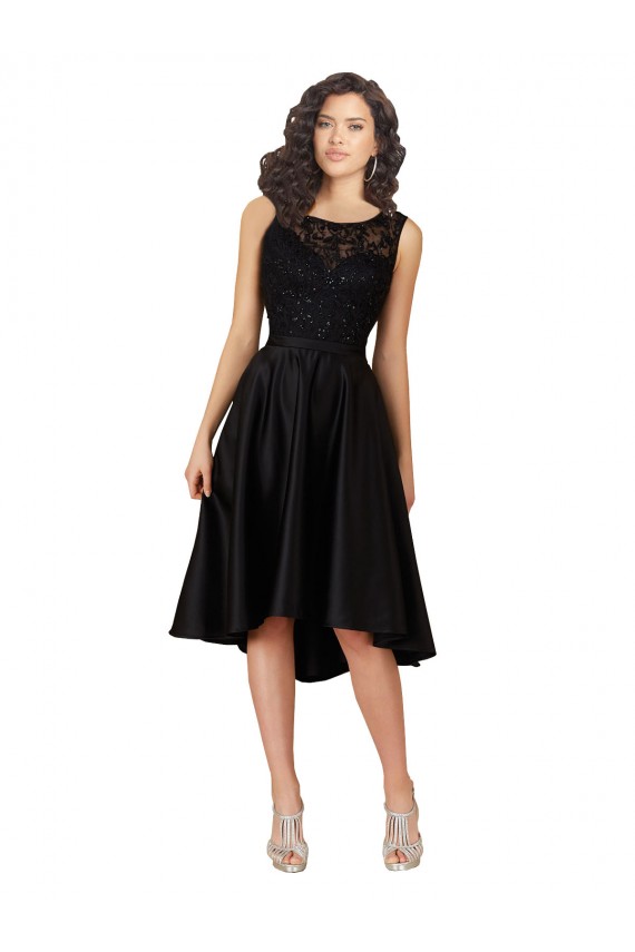 Short High Low Satin Cocktail Dress with a Beaded and Embroidered Bodice