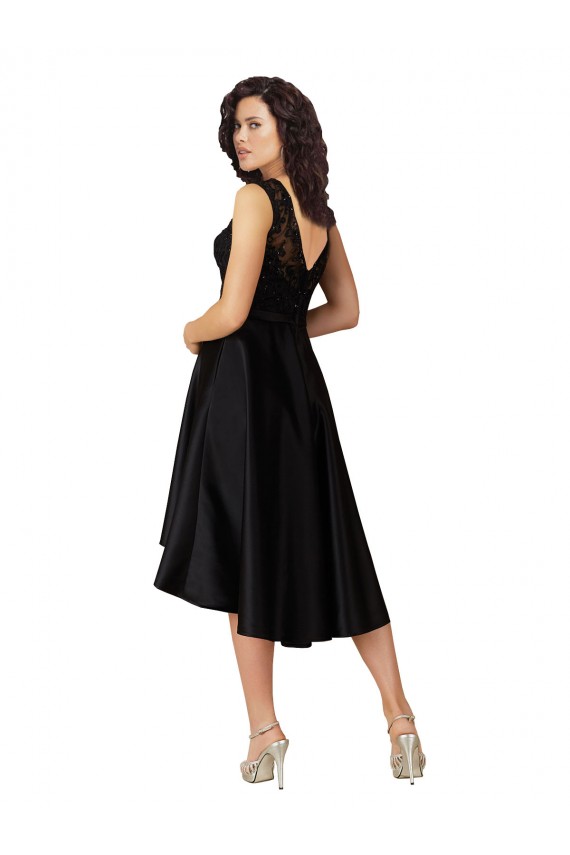 Short High Low Satin Cocktail Dress with a Beaded and Embroidered Bodice