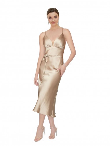 Empire Waist Silky Satin Midi Length Cocktail Dress