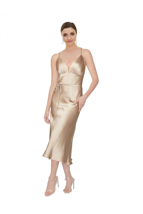 Empire Waist Silky Satin Midi Length Cocktail Dress