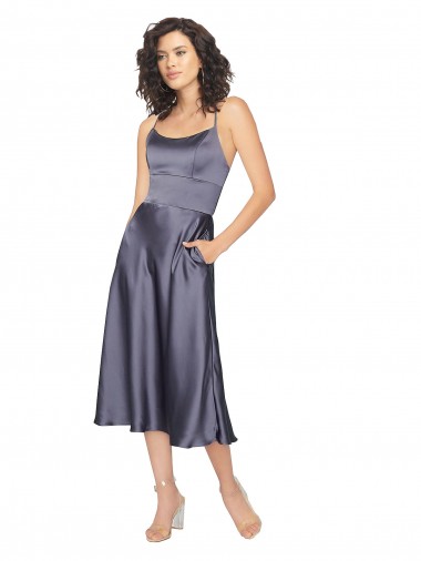 Midi Length Silky Satin Cocktail Dress with Open Tied Back