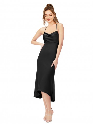 High Low Silky Satin Cowl Neck Midi Length Cocktail Dress