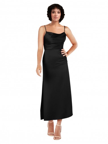 Cowl Neck Tea-Length Short Silky Satin Cocktail Dress with Skirt Slit