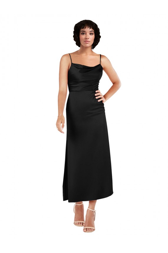 Cowl Neck Tea-Length Short Silky Satin Cocktail Dress with Skirt Slit