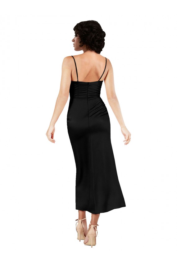 Cowl Neck Tea-Length Short Silky Satin Cocktail Dress with Skirt Slit