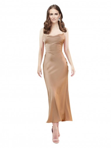 Cowl Neck Silky Satin Midi Length Cocktail Dress Low Back