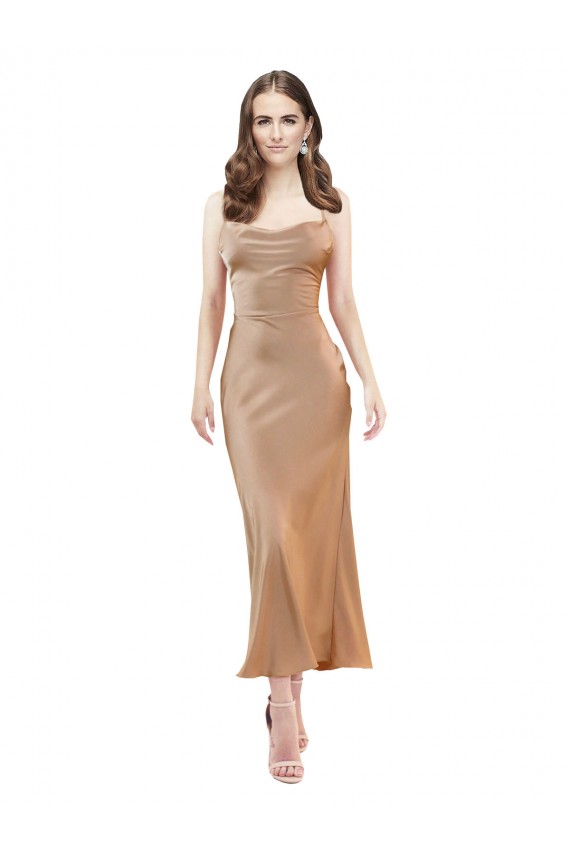 Cowl Neck Silky Satin Midi Length Cocktail Dress Low Back