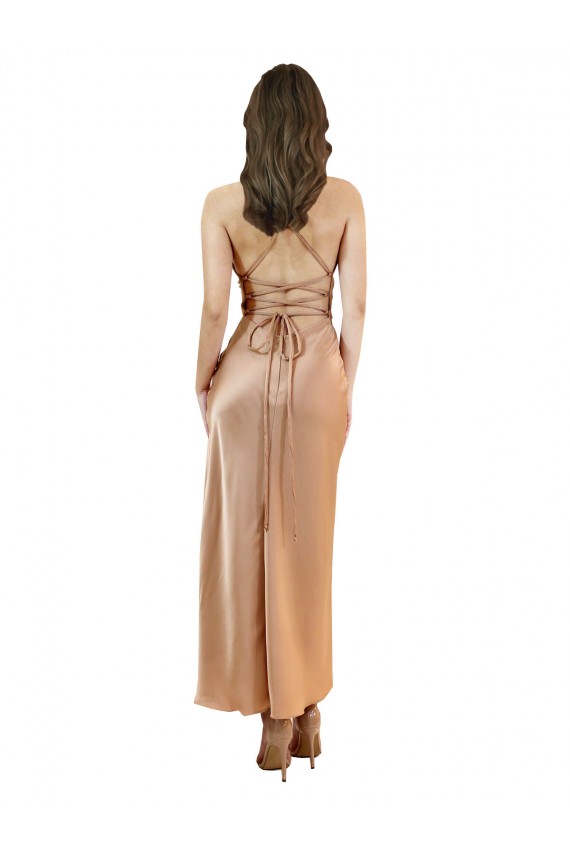Cowl Neck Silky Satin Midi Length Cocktail Dress Low Back