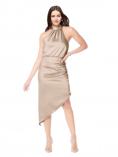 Silky Satin High Low Midi Length Cocktail Dress with Asymmetric Skirt