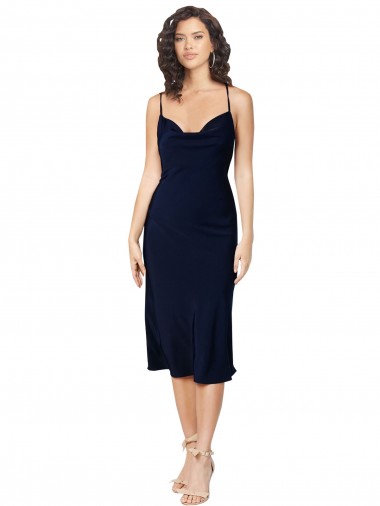 Short Midi Length Silky Satin Cocktail Dress with Cowl Neck and Cross Back Straps