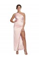 One Shoulder Full Length Long Silky Satin Cocktail Dress with Thigh Split