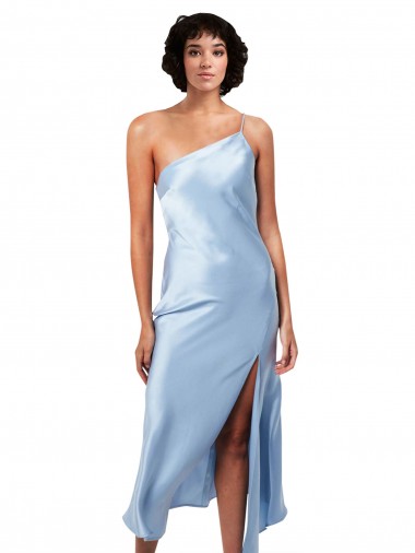 Midi Length Short Silky Satin Cocktail Dress with Asymmetric Neckline and High Side Split