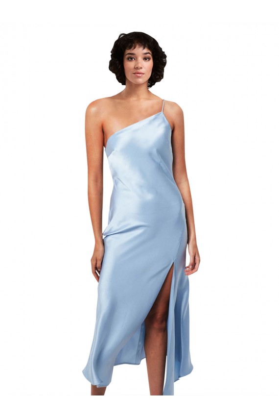 Midi Length Short Silky Satin Cocktail Dress with Asymmetric Neckline and High Side Split