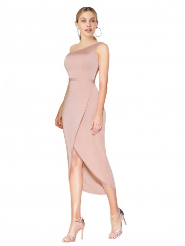 Knee Length One Shoulder Crepe Short Wrap Cocktail Dress