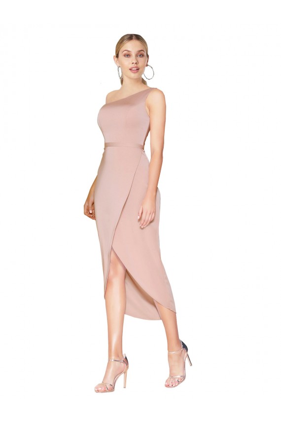 Knee Length One Shoulder Crepe Short Wrap Cocktail Dress