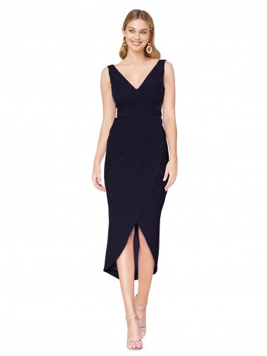 Short Knee Length V-Neck Crepe Wrap Cocktail Dress
