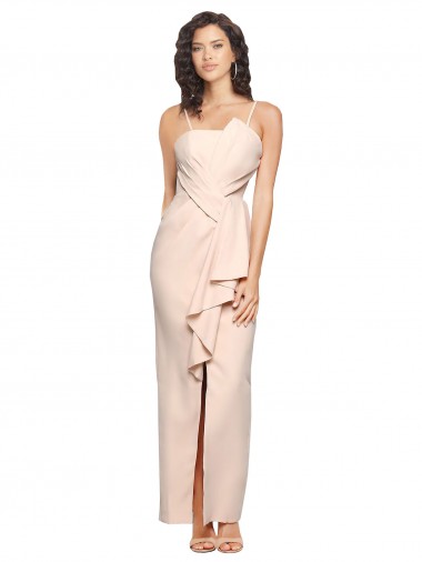 Long Full Length Ruffles Strapless Low Back Crepe Cocktail Dress with Straps