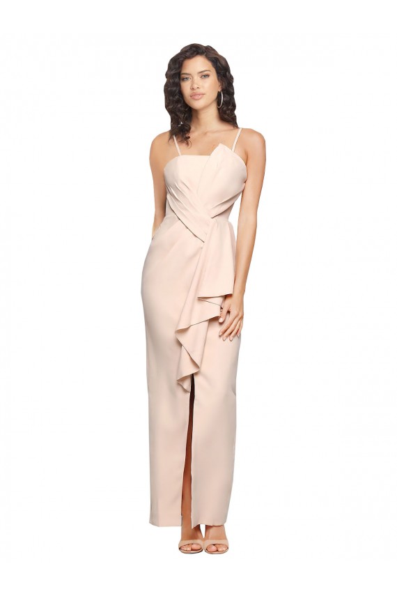 Long Full Length Ruffles Strapless Low Back Crepe Cocktail Dress with Straps