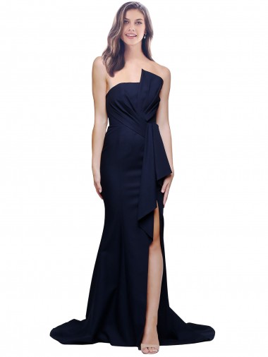 Long Strapless Sweep Train Low Back Crepe Cocktail Dress