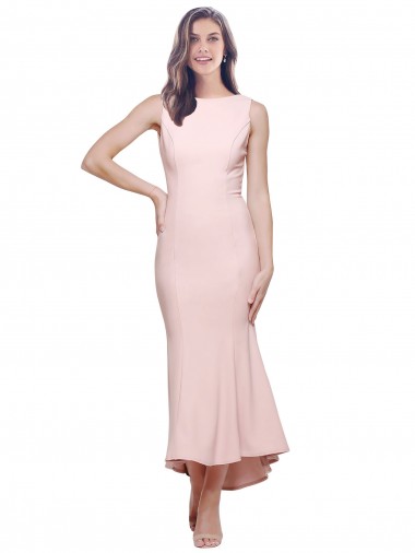 High Neck Low V-Back Midi Length Crepe Cocktail Dress