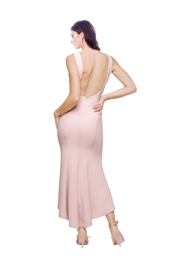 High Neck Low V-Back Midi Length Crepe Cocktail Dress