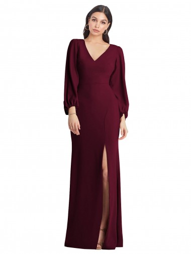 Long Puff Sleeve V-Neck Trumpet Cocktail Dress