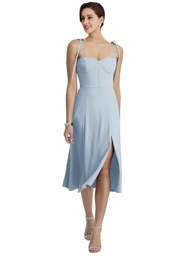 Midi Length Bustier Crepe Cocktail Dress with Back Bow Straps