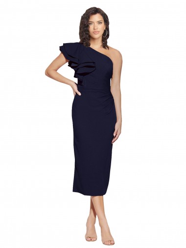 Ruched Midi Length Short Crepe Cocktail Dress with Shoulder Ruffles