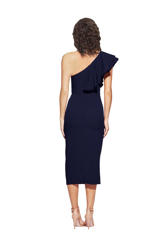 Ruched Midi Length Short Crepe Cocktail Dress with Shoulder Ruffles