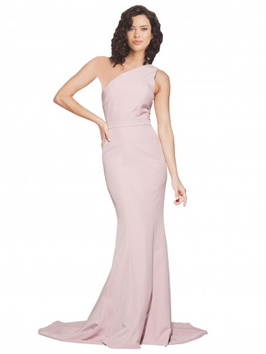 Long Sweep Train One Shoulder Crepe Cocktail Dress with Side Leg Split