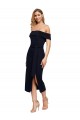Fitted Short Midi Length Off the Shoulder Crepe Cocktail Dress with Side Split and Waist Tie