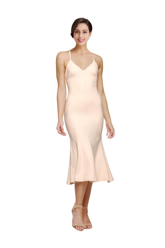 Midi Length V-Neckline Crepe Cocktail Dress with Thin Straps and Fulted Skirt