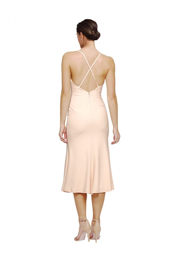 Midi Length V-Neckline Crepe Cocktail Dress with Thin Straps and Fulted Skirt