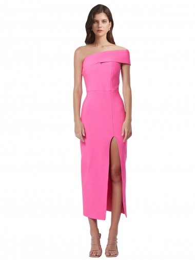 One Shoulder Neckline Short Midi Length Crepe Cocktail Dress