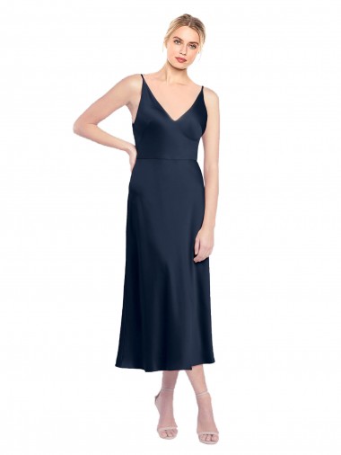 V-Neck Midi Length Short Stretch Satin Cocktail Dress V-Back