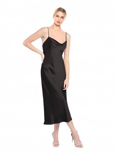 Cowl Neck Midi Length Short Stretch Satin Slip Cocktail Dress