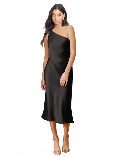 Sleek One Shoulder Midi Length Short Stretch Satin Slip Cocktail Dress